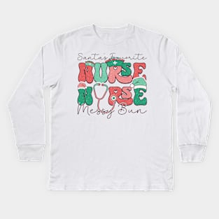 Santa's Favorite Nurse Messy bun Kids Long Sleeve T-Shirt